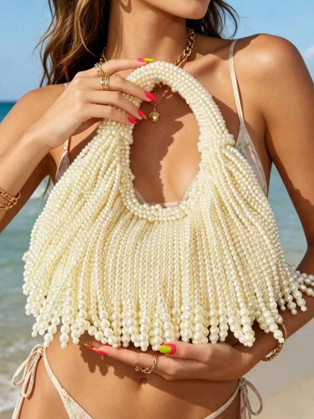 Beige Glamorous Women's Faux Pearl Beads Bag